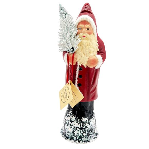 Ino Schaller Bayern paper mache Santa Claus red coat flocked tree 10" tall box - Picture 4 of 11